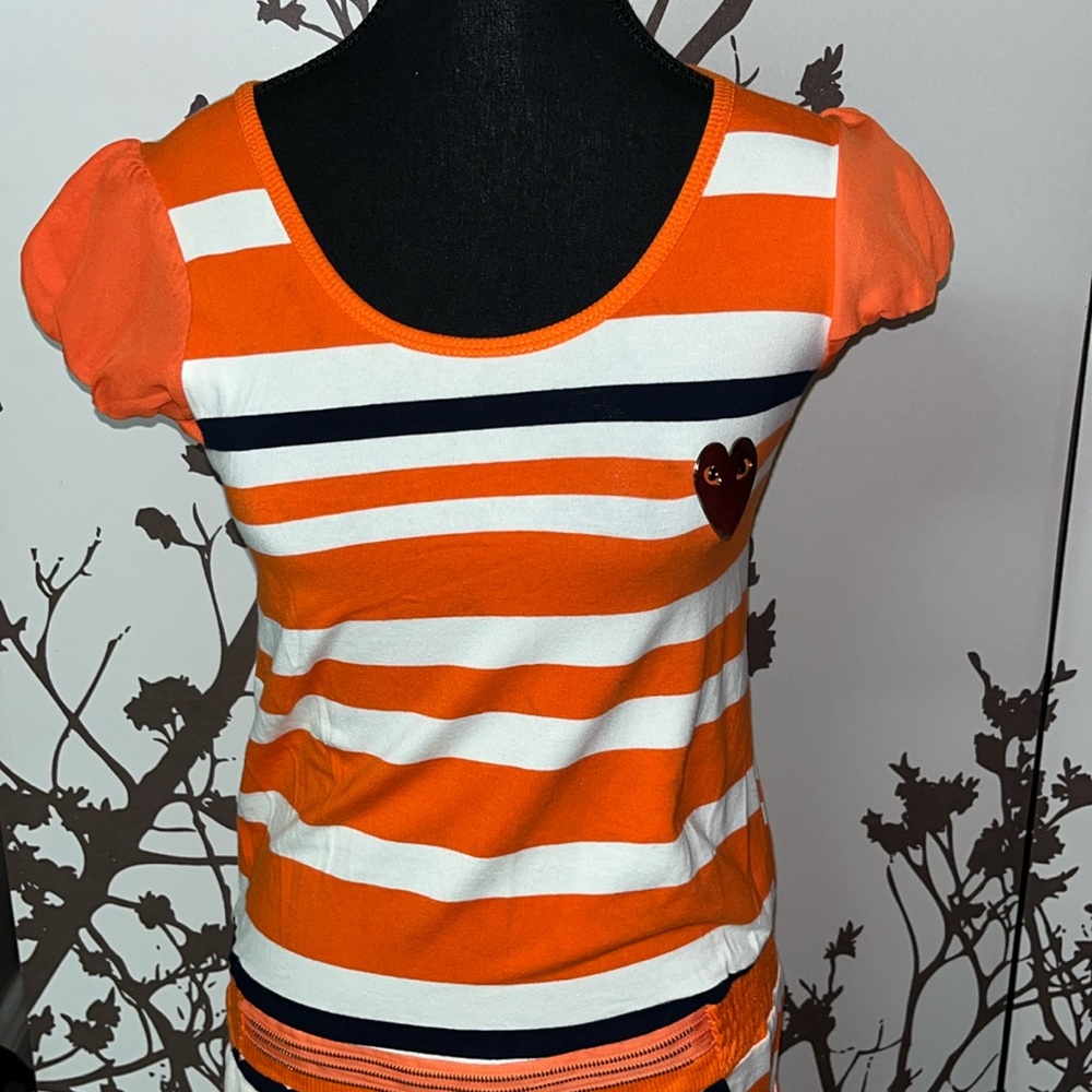 FILIPINO TIANGE (Commes De Garçons) White&Orange Striped Short Sleeve Dress $25